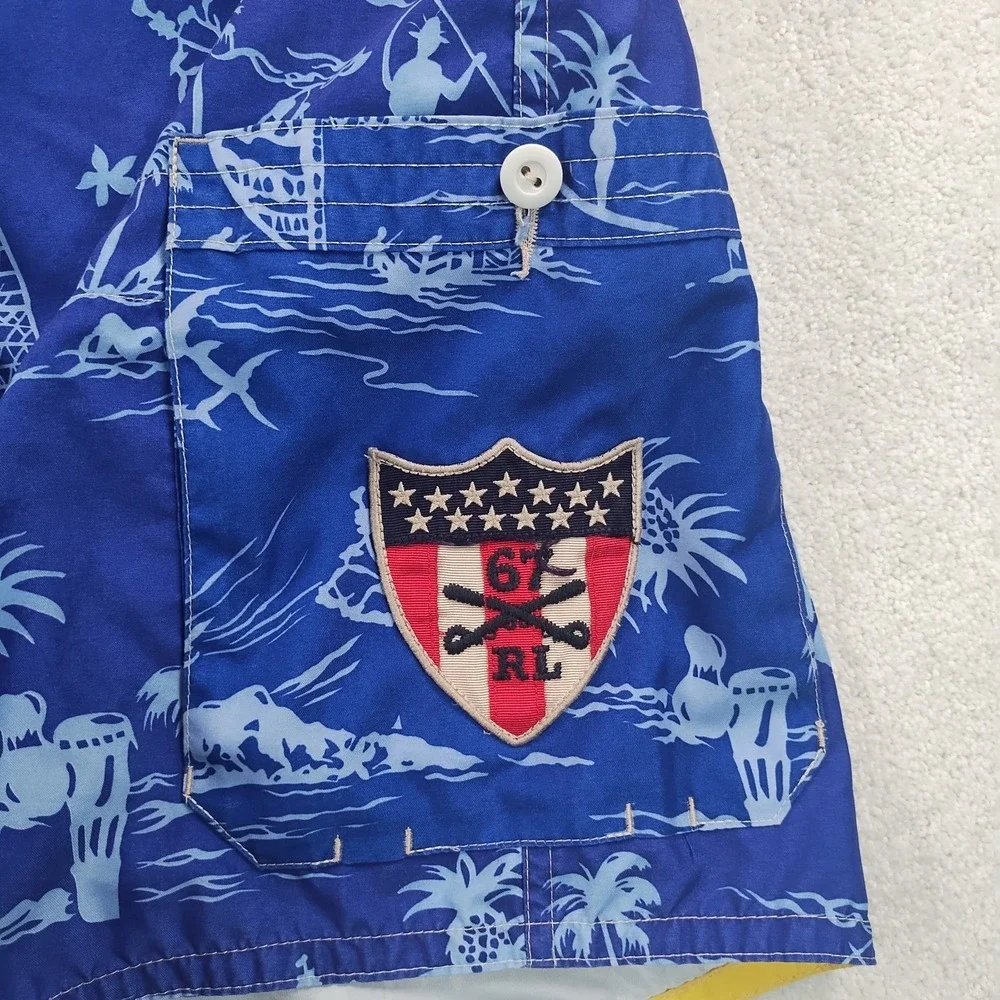 VTG Ralph Lauren Polo Jeans  Board Shorts Mens XL Blue AOP MeshLined Logos‎ Swim